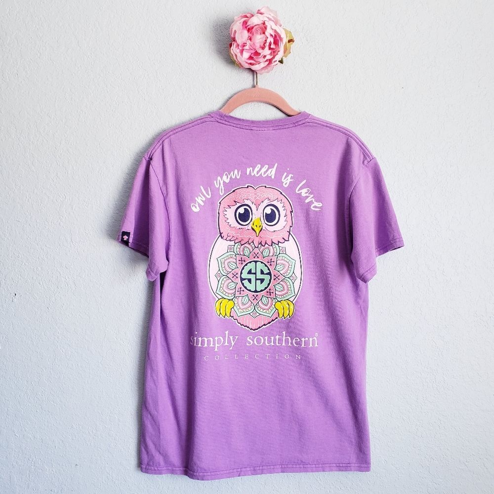 Simply Southern Owl Your Need Is Love Purple Short Sleeve Top